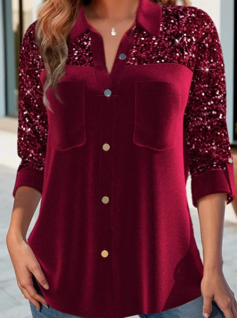 ZARA Long Sleeve Turn Down Collar Sequins Velvet Patchwork Button Shirt